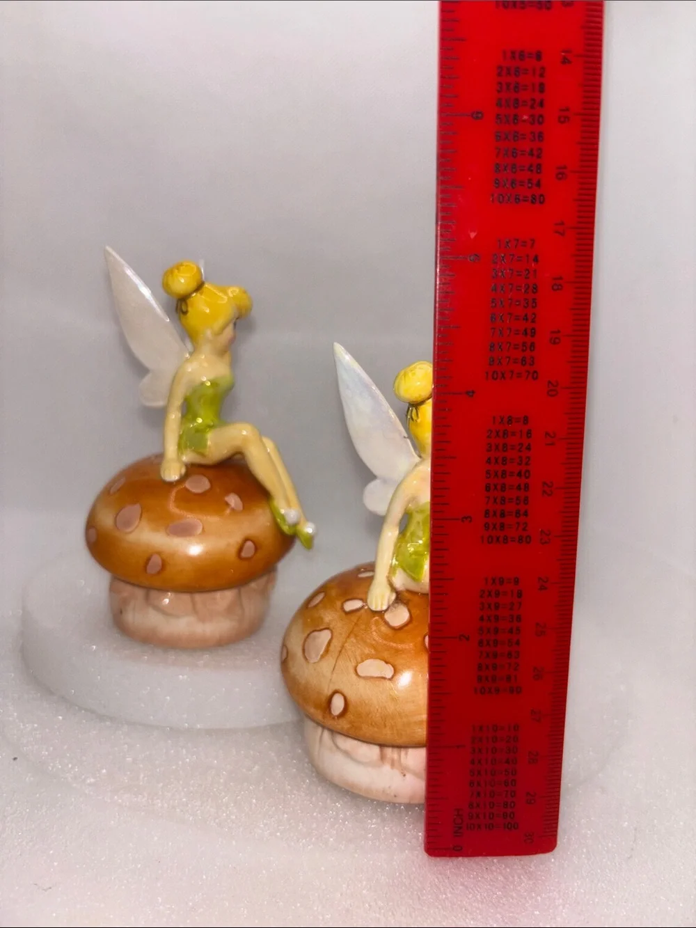 Vintage Ceramic Disney Tinkerbell sitting on a mushroom salt & pepper shakers